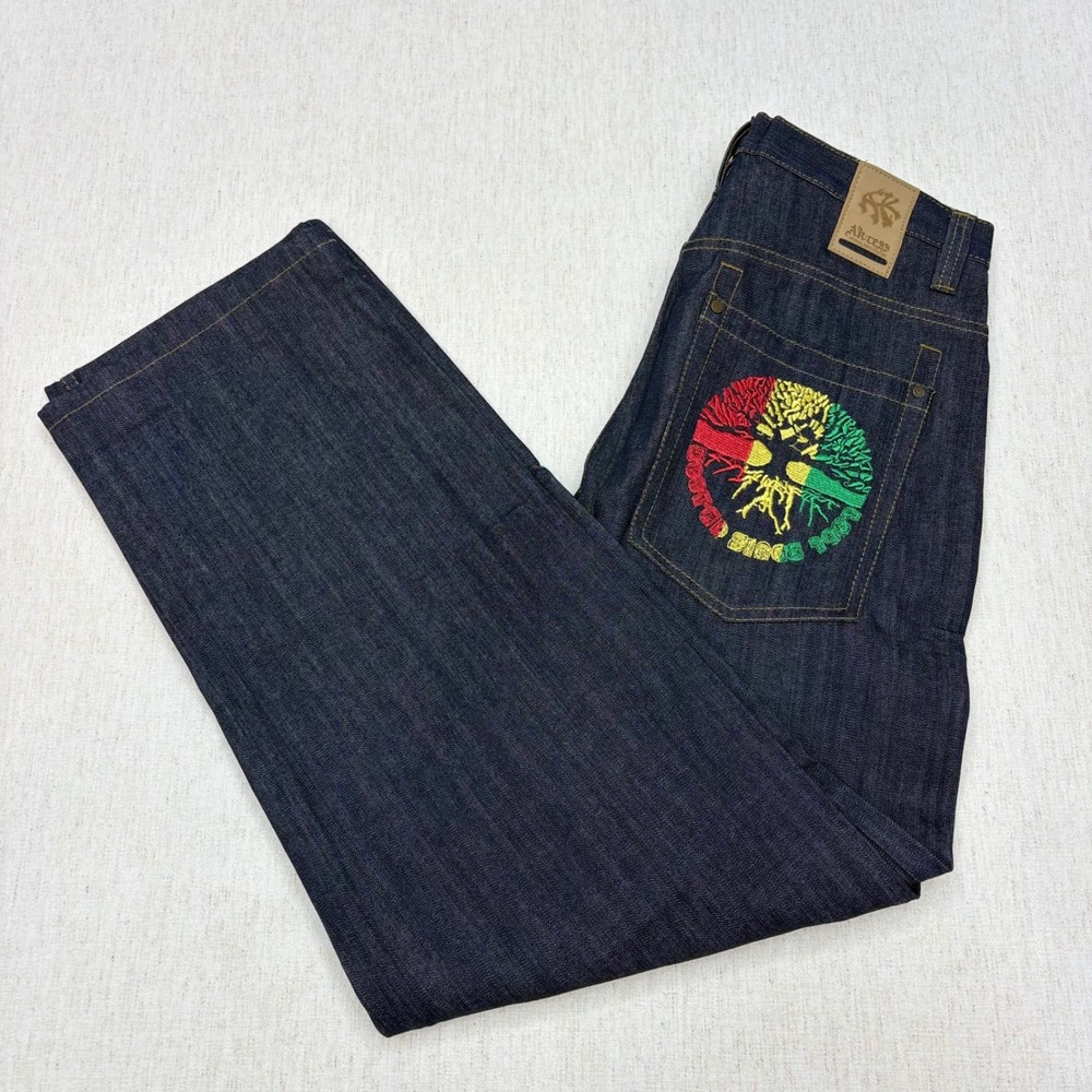 Ak:cess Mens Y2K Rasta Embroidery Jeans Dark Straight Leg Baggy skater Sz 36x32